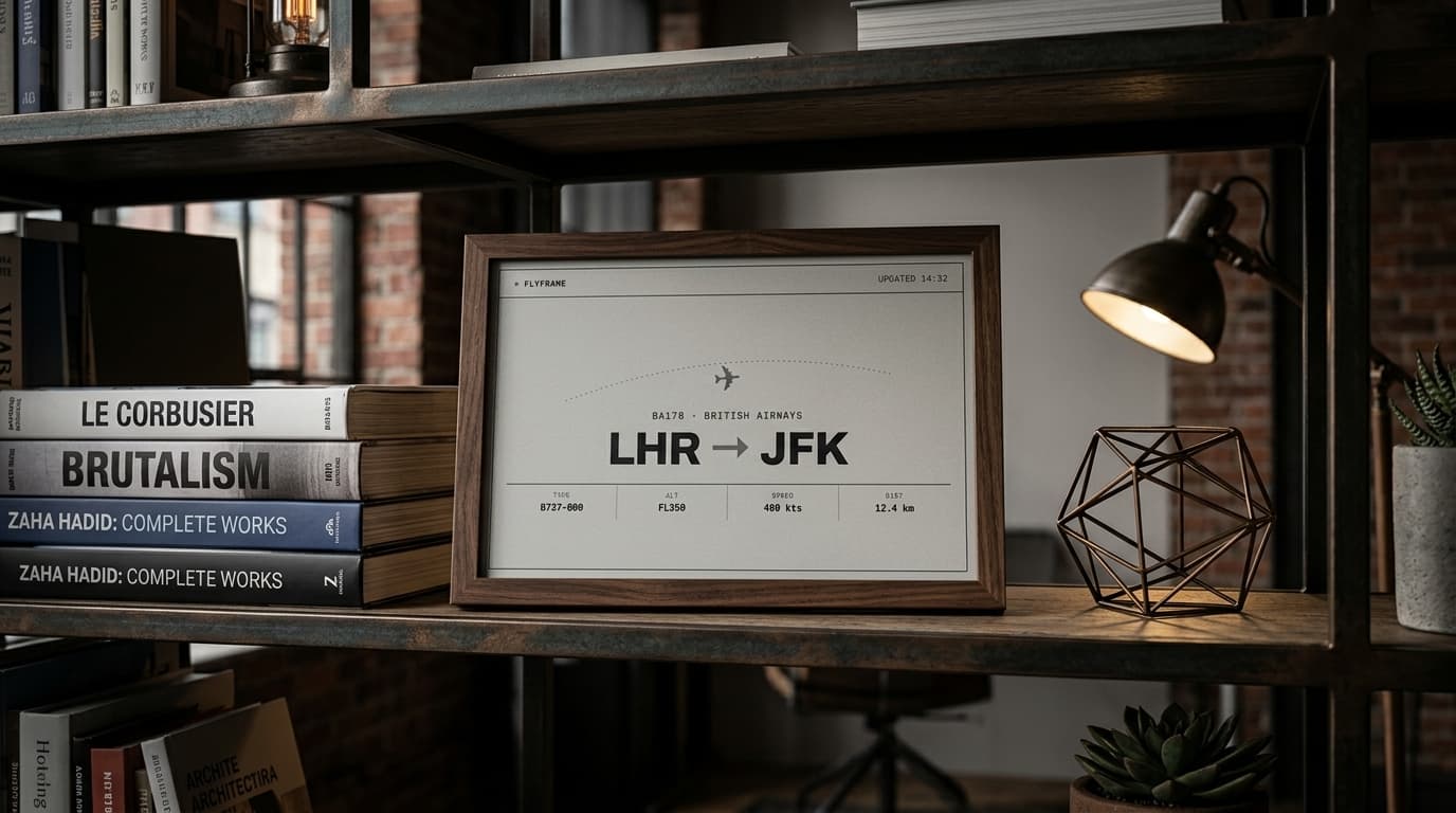 FlyFrame in dark wood on a shelf