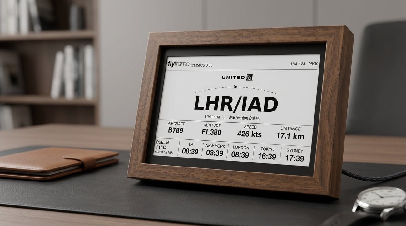 A FlyFrame e-ink flight tracker at home, showing a live flight overhead
