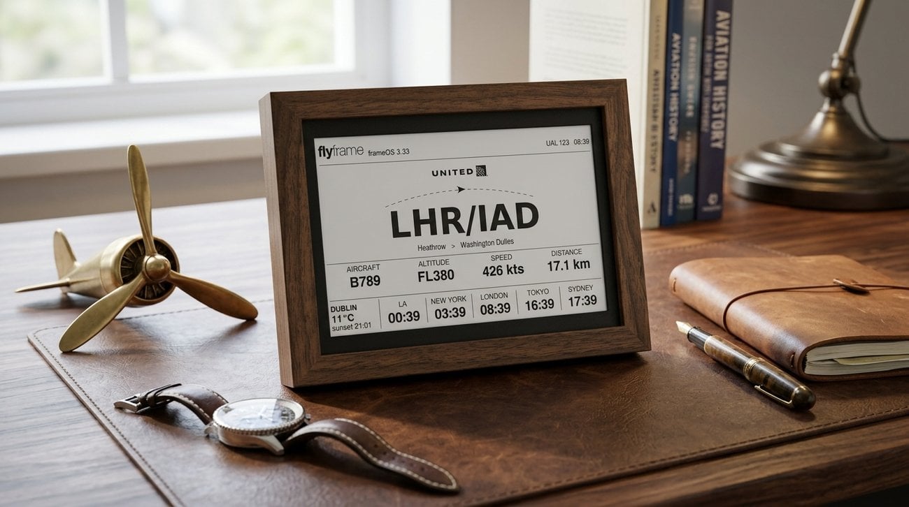 A FlyFrame e-ink flight tracker on a wall, showing an aircraft passing overhead