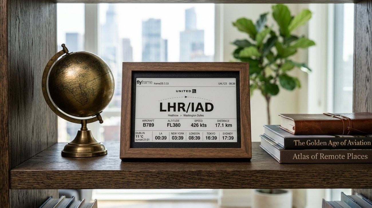 A FlyFrame e-ink flight tracker - a calm, glow-free object in a home